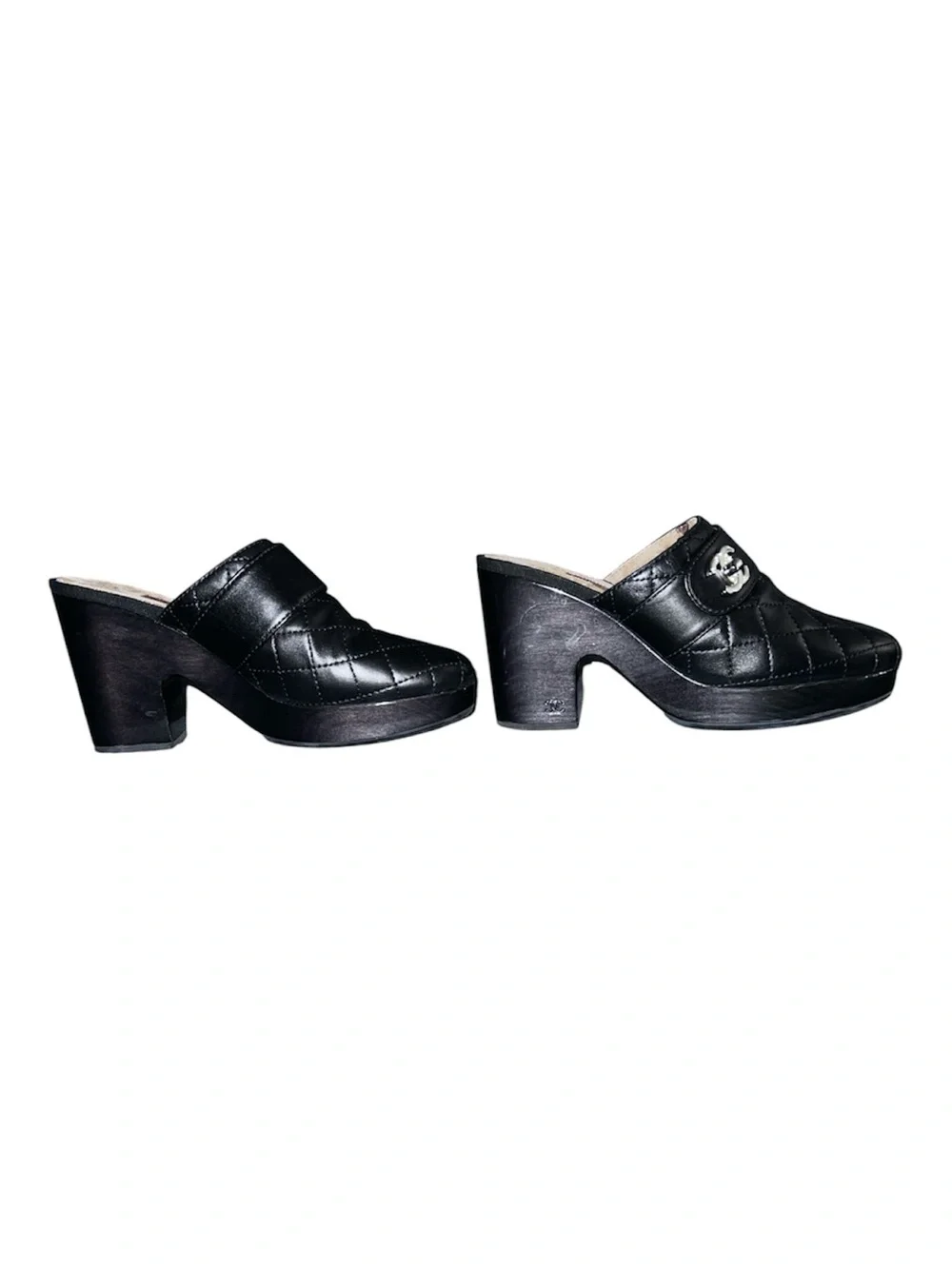 CHANEL Black Quilted Leather Clog Heels with Silver CC size 40